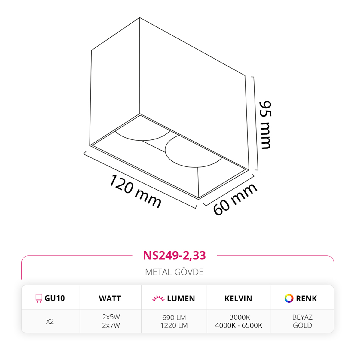 Nevo Sıva Üstü İkili Led Spot Beyaz Gold NS249-2
