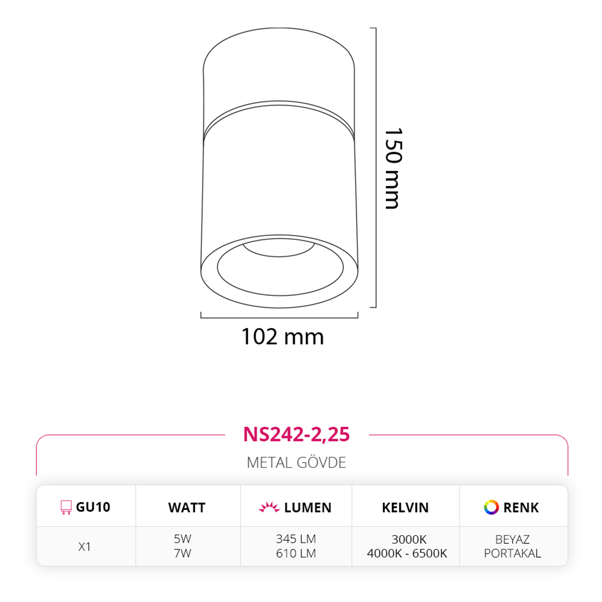 Nevo Sıva üstü Led Spot Beyaz Portakal NS242-2