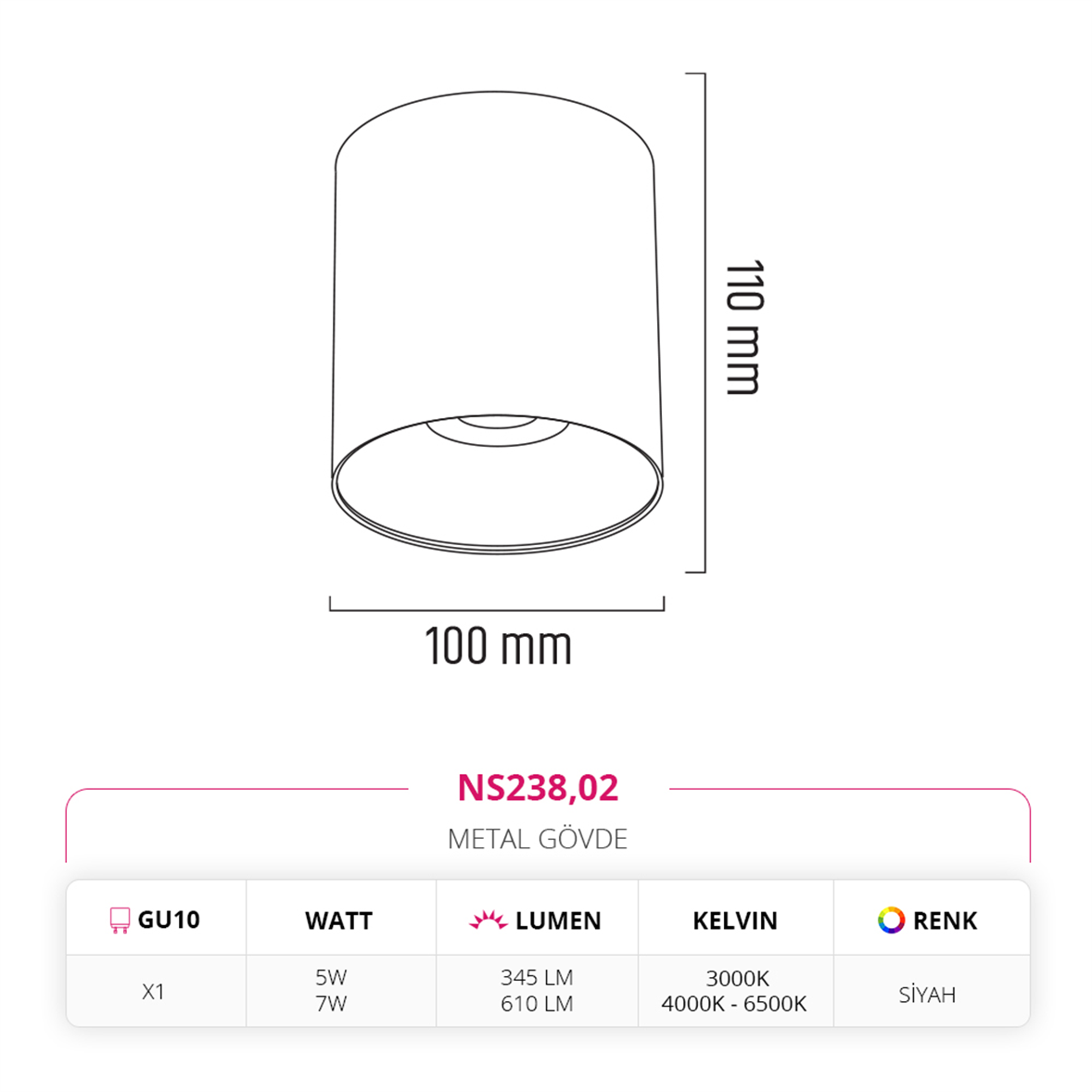 Nevo Sıva Üstü Led Spot Siyah NS238