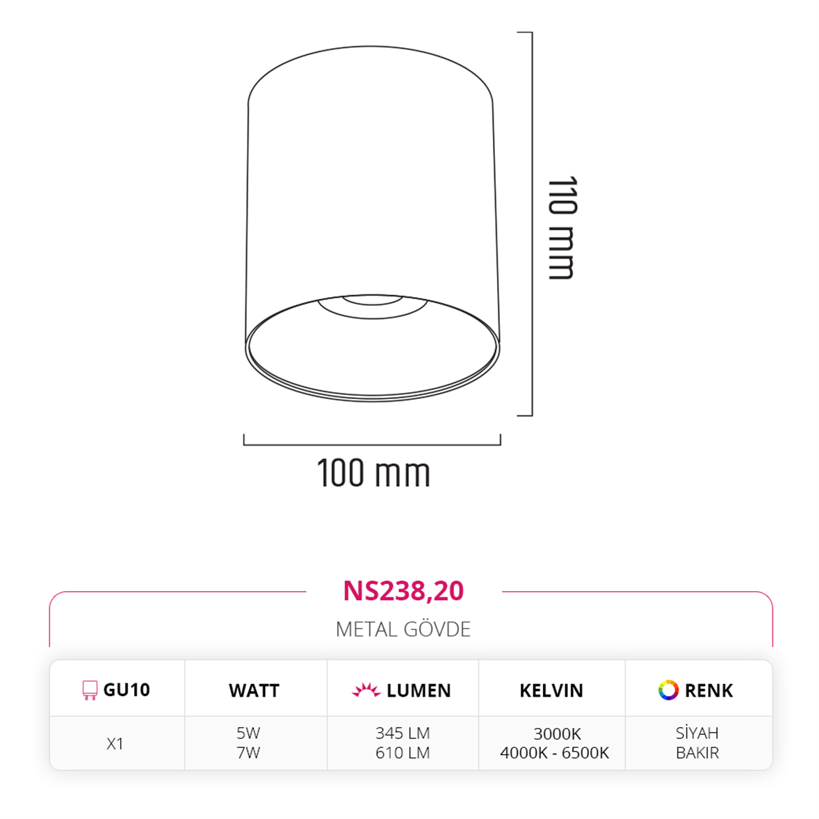 Nevo Sıva Üstü Led Spot Siyah Bakır NS238