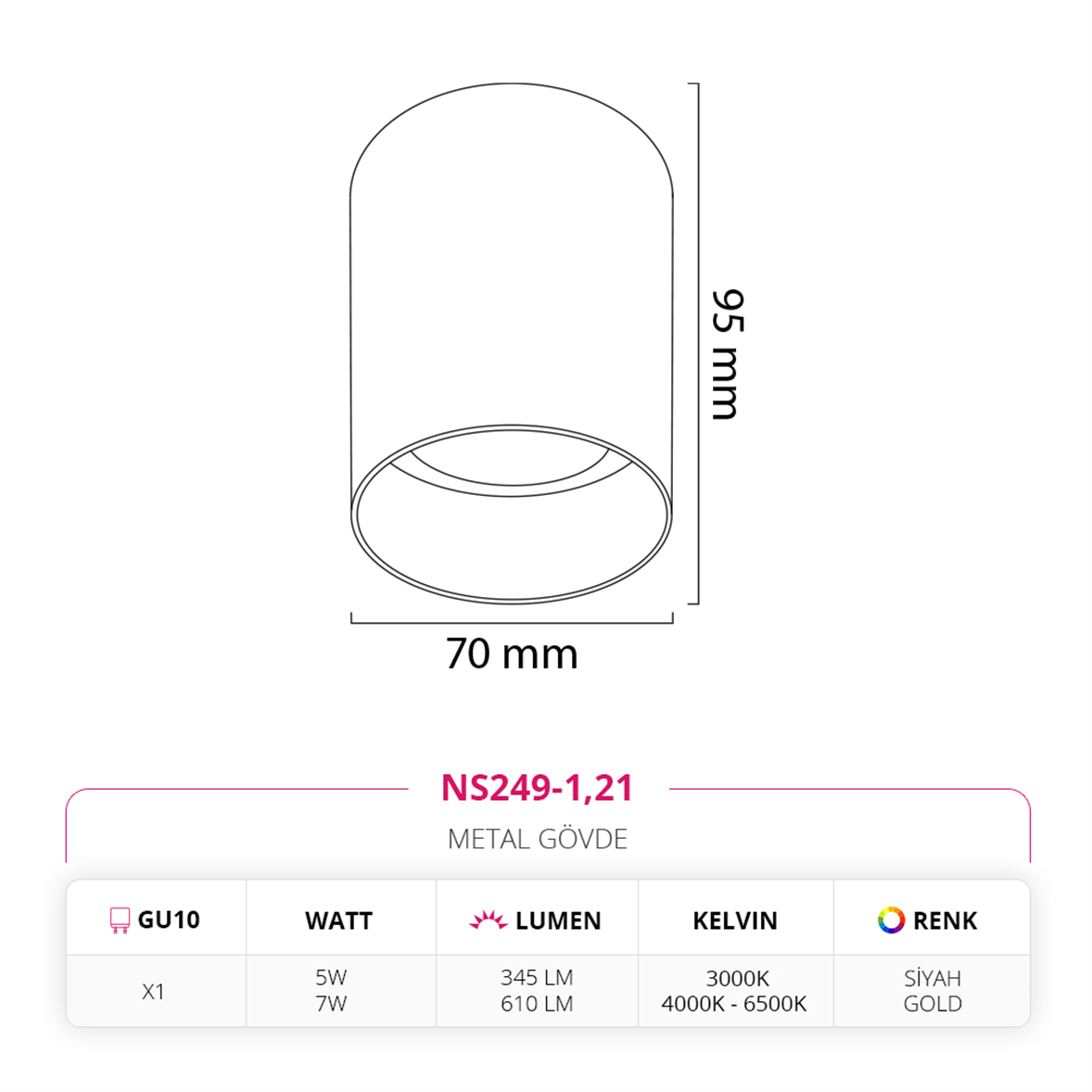 Nevo Sıva Üstü Led Spot Siyah Gold NS249-1