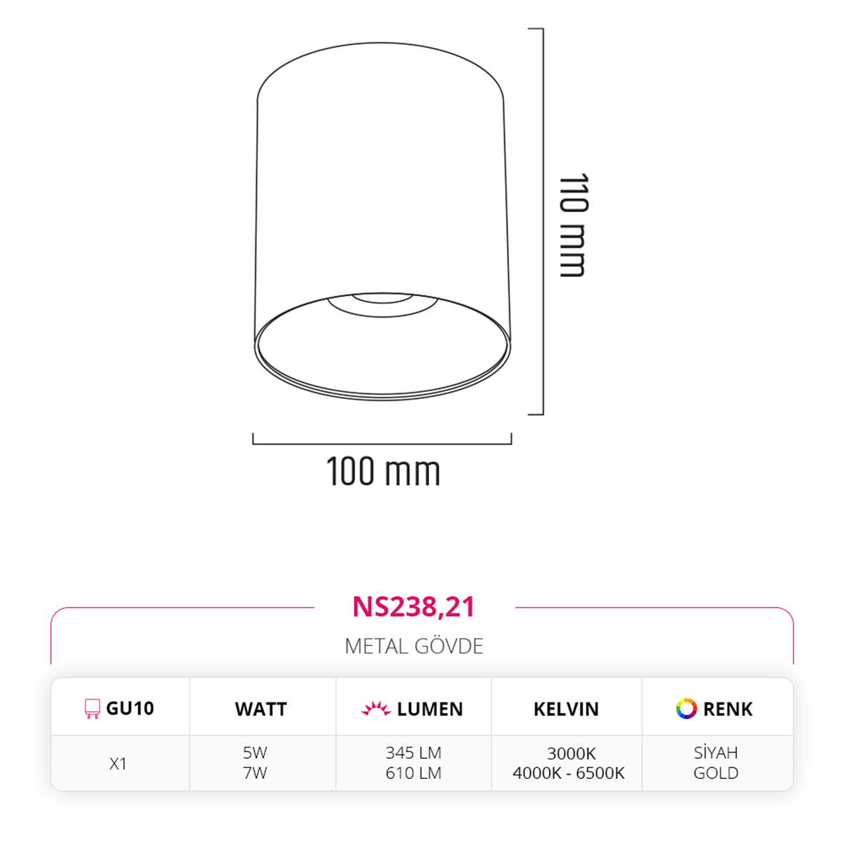Nevo Sıva Üstü Led Spot Siyah Gold NS238