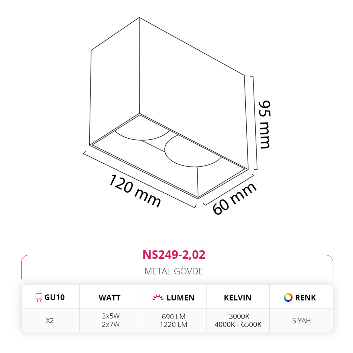 Nevo Sıva Üstü İkili Led Spot Siyah NS249-2
