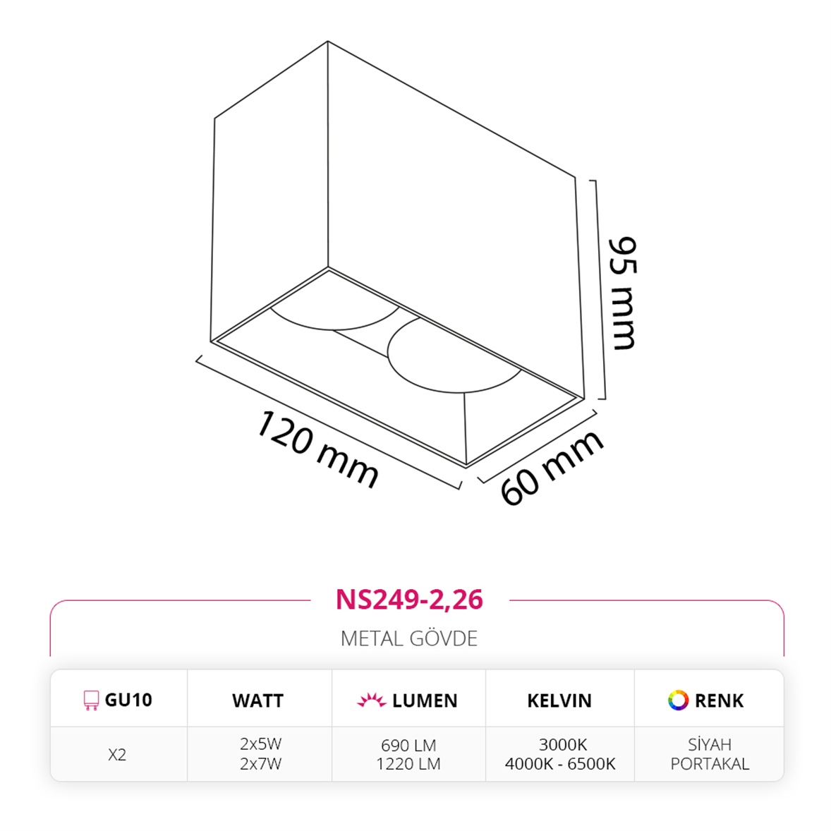 Nevo Sıva Üstü İkili Led Spot Siyah Portakal NS249-2