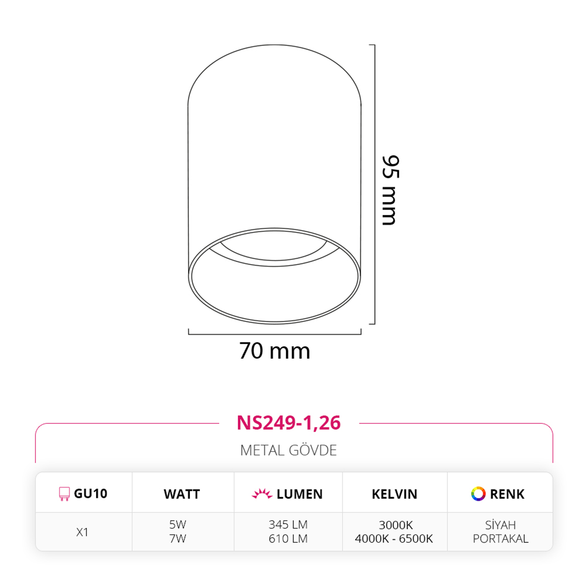Nevo Sıva üstü Led Spot Siyah Portakal NS249-1