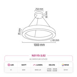 Nevo 100 cm Ledli Yuvarlak Simit Linear Sarkıt Siyah NS115-3