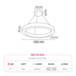 Nevo 100 cm Ledli Yuvarlak Simit Linear Sarkıt Beyaz NS115-3
