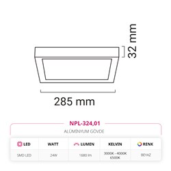 Nevo 24W Sıva Üstü Kare Led Panel Beyaz NPL-324