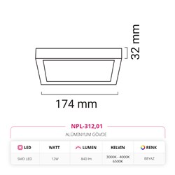Nevo 12W Sıva Üstü Kare Led Panel Beyaz NPL-312