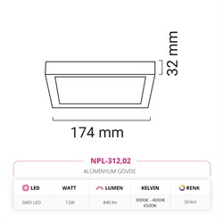 Nevo 12W Sıva Üstü Kare Led Panel Siyah NPL-312