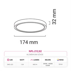 Nevo 12W Sıva Üstü Led Panel Siyah NPL-212