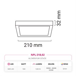 Nevo 18W Sıva Üstü Kare Led Panel Siyah NPL-318