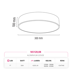 Nevo 30 Cm Sıva Üstü Ledli Tavan Armatürü Eskitme NS120