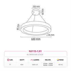 Nevo 60 cm Ledli Yuvarlak Simit Linear Sarkıt Beyaz NS115-1