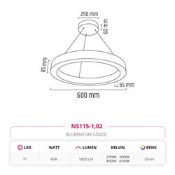 Nevo 60 cm Ledli Yuvarlak Simit Linear Sarkıt Siyah NS115-1