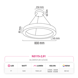 Nevo 80 cm Ledli Yuvarlak Simit Linear Sarkıt Beyaz NS115-2