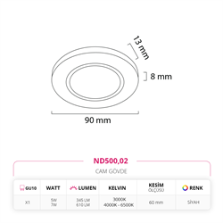 Nevo Sıva Altı Cam Spot Siyah ND500