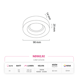 Nevo Sıva Altı Cam Spot Siyah ND502