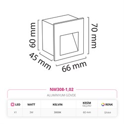 Nevo Sıva Altı Dış Mekan Sensörlü Duvar Armatürü Siyah NW308-1