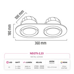 Nevo Sıva Altı İkili Led Spot Eskitme Siyah ND275-2