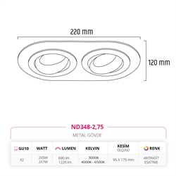 Nevo Sıva Altı İkili Led Spot Eskitme Antrasit ND348-2
