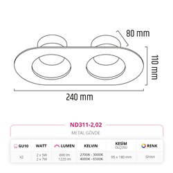 Nevo Sıva Altı İkili Led Spot Siyah ND311-2