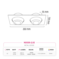 Nevo Sıva Altı İkili Led Spot Siyah ND335-2