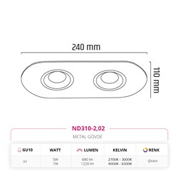 Nevo Sıva Altı İkili Led Spot Siyah ND310-2