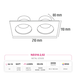 Nevo Sıva Altı İkili Led Spot Siyah ND316-2