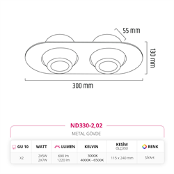 Nevo Sıva Altı İkili Led Spot Siyah ND330-2