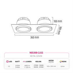 Nevo Sıva Altı İkili Led Spot Siyah ND260-2