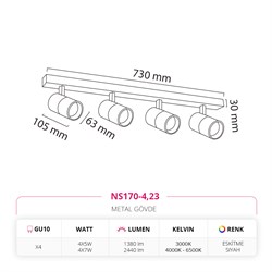 Nevo Sıva Üstü Dörtlü Led Spot Siyah Eskitme NS170-4