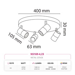 Nevo Sıva Üstü Dörtlü Led Spot Siyah Eskitme NS169-4