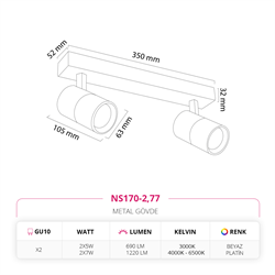 Nevo Sıva Üstü İkili Led Spot Beyaz Platin NS170-2
