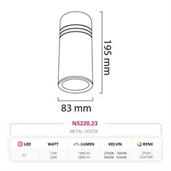 Nevo Sıva Üstü LED Spot Siyah Eskitme NS220
