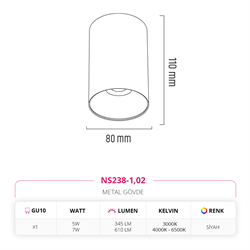 Nevo Sıva Üstü Led Spot Siyah NS238-1
