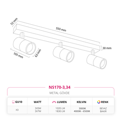 Nevo Sıva Üstü Üçlü Led Spot Beyaz Bakır NS170-3