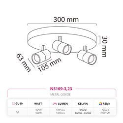 Nevo Sıva Üstü Üçlü Led Spot Siyah Eskitme NS169-3