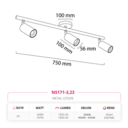 Nevo Sıva Üstü Üçlü Led Spot Siyah Eskitme NS171-3