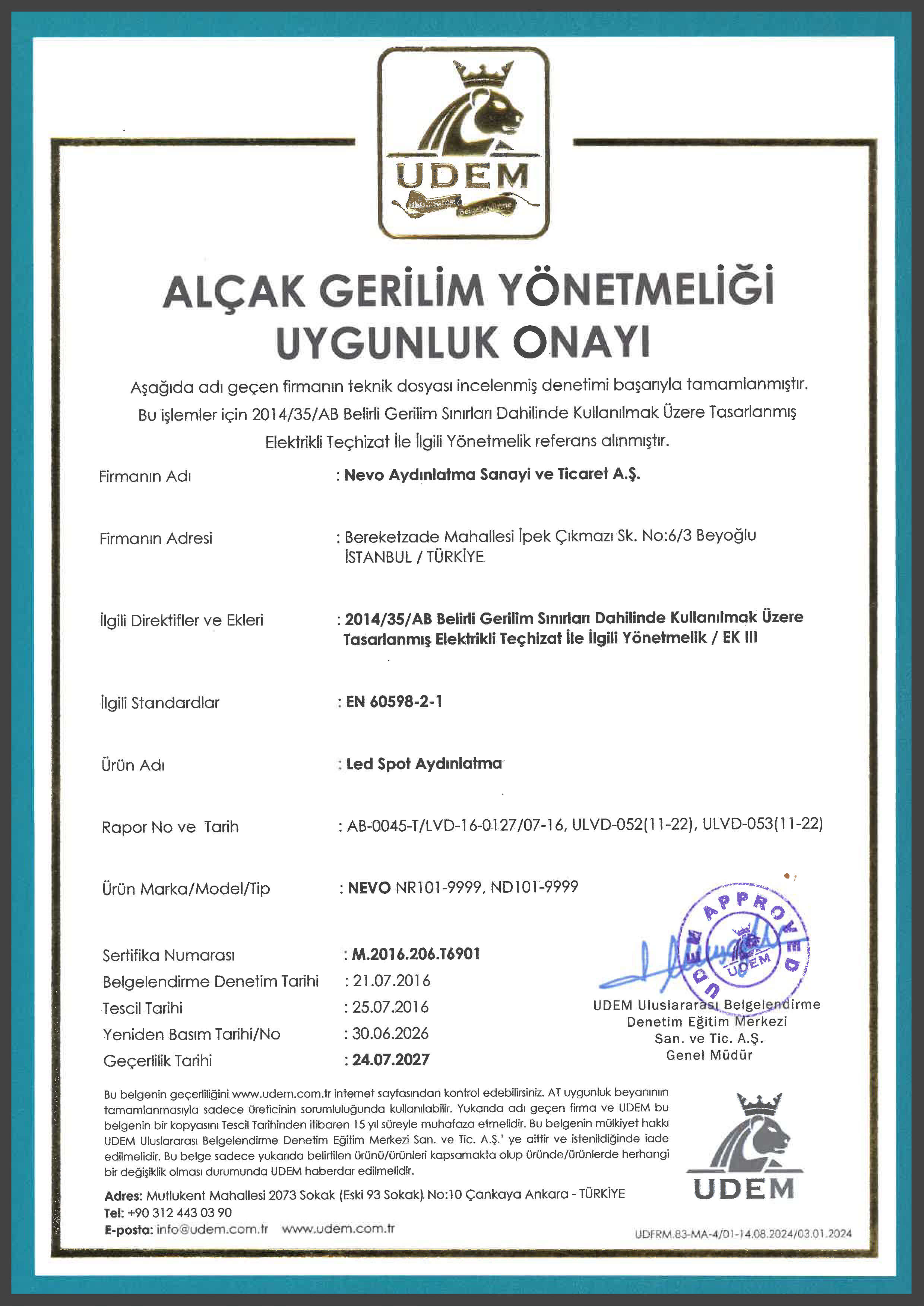 Alçak Gerilim Yönetmeliği Uygunluk Onayı Tr.