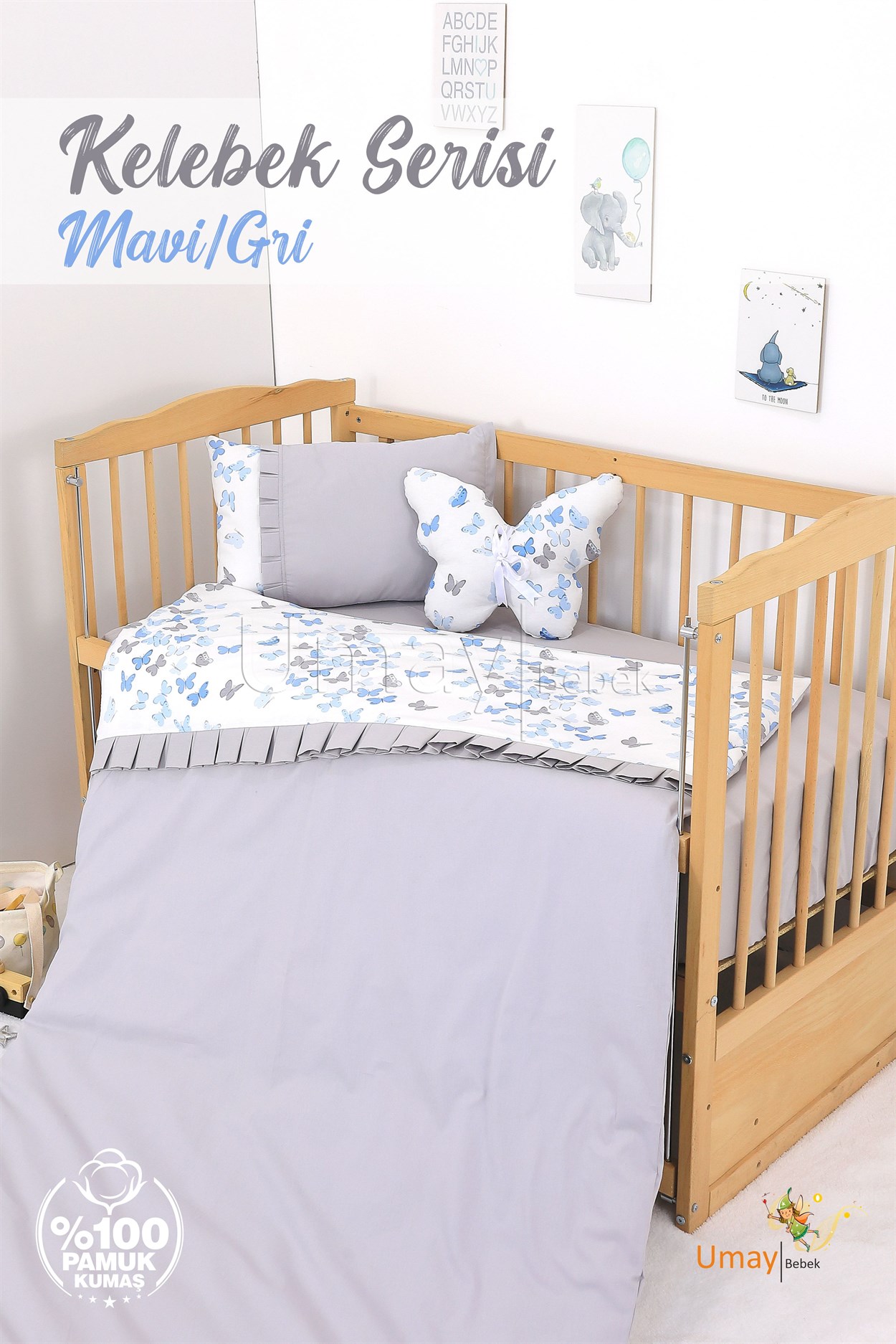 Umay Bebek Bebek Nevresim Takımı Lastik Çarşaf %100 Pamuk (Mavi/Gri Kelebek)