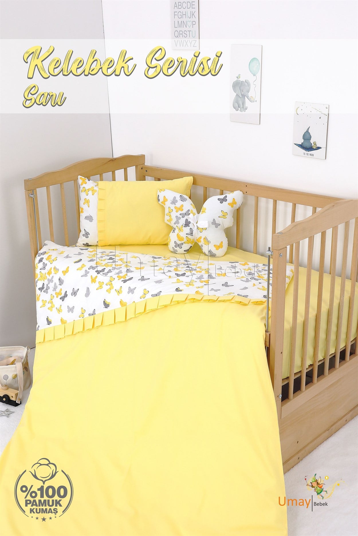 Umay Bebek Bebek Nevresim Takımı Lastik Çarşaf %100 Pamuk (Sarı Kelebek)