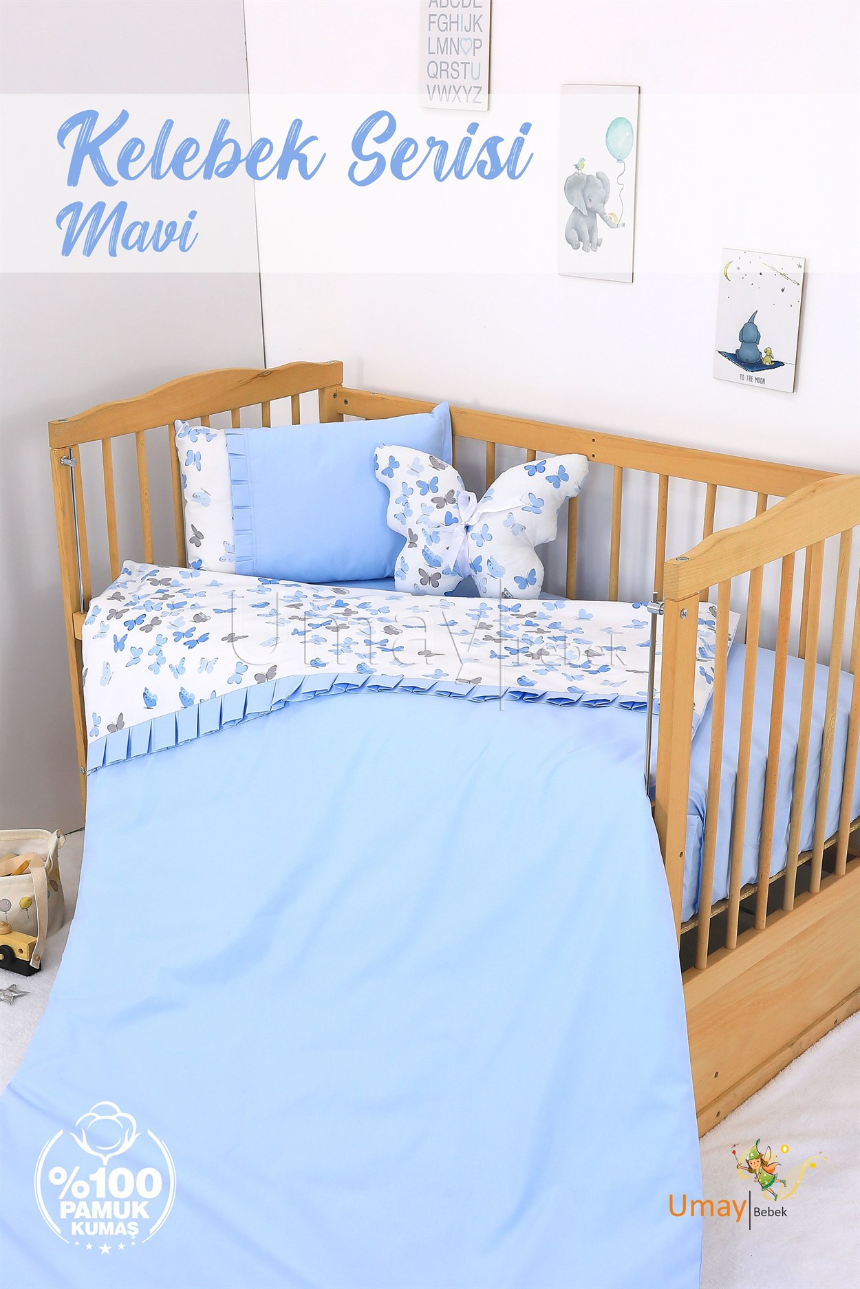 Umay Bebek Bebek Nevresim Takımı Lastik Çarşaf %100 Pamuk (Mavi Kelebek)