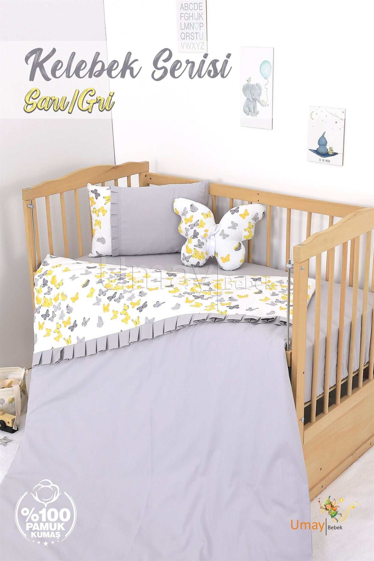Umay Bebek Bebek Nevresim Takımı Lastik Çarşaf %100 Pamuk (Sarı/Gri Kelebek)