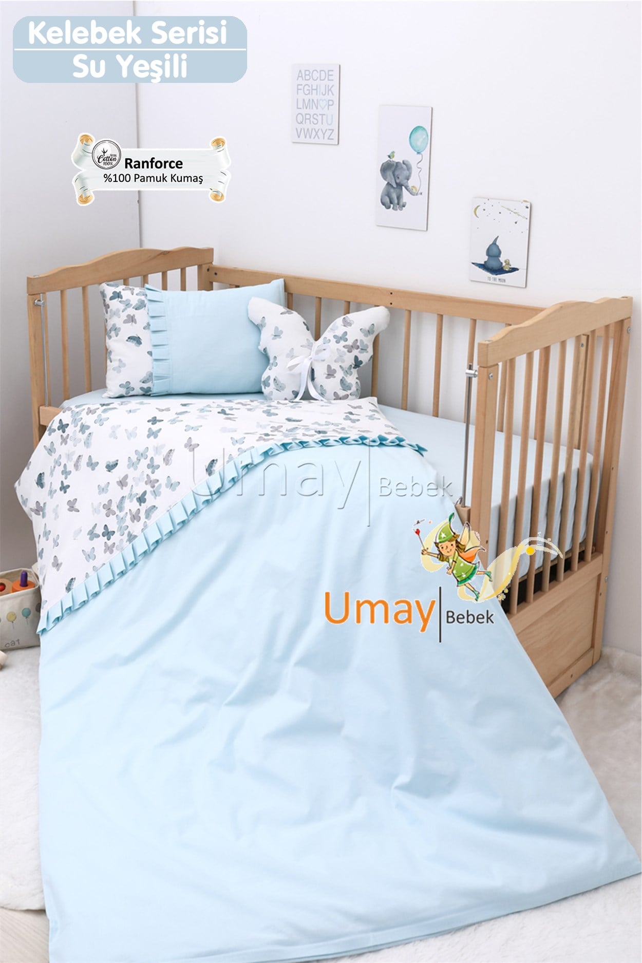 Umay Bebek Bebek Nevresim Takımı Lastik Çarşaf %100 Pamuk (Su Yeşili Kelebek)