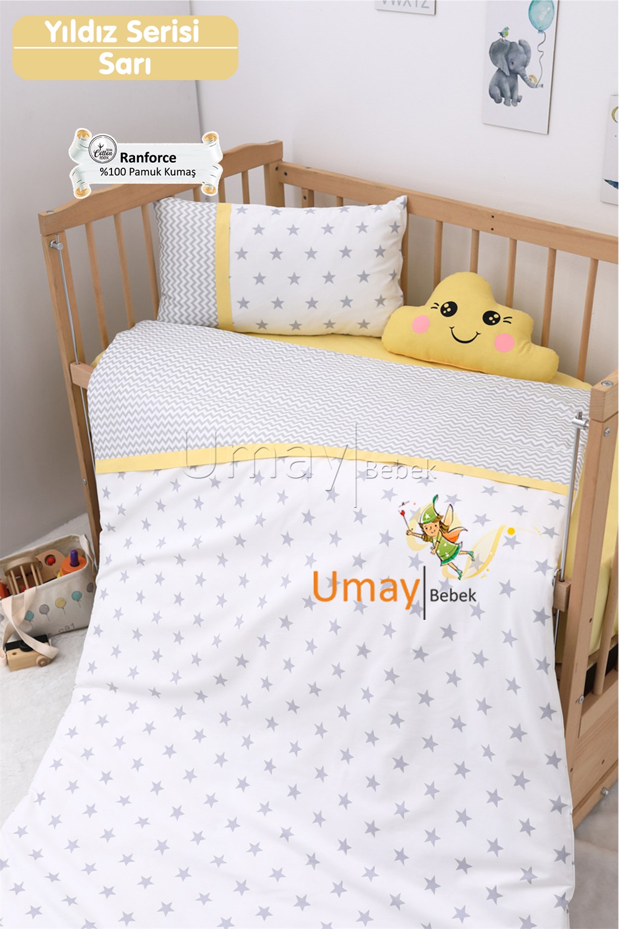 Umay Bebek Bebek Nevresim Takımı Lastik Çarşaf %100 Pamuk (Sarı Yıldız)