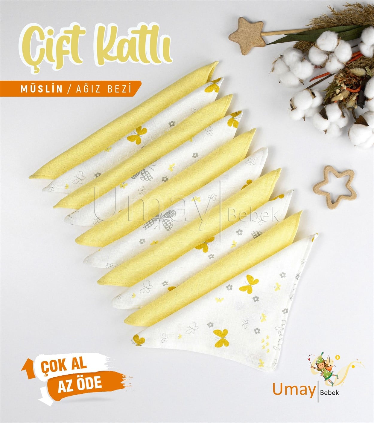 Umay Bebek10'lu Müslin Ağız Bezi - Sarı Kelebek