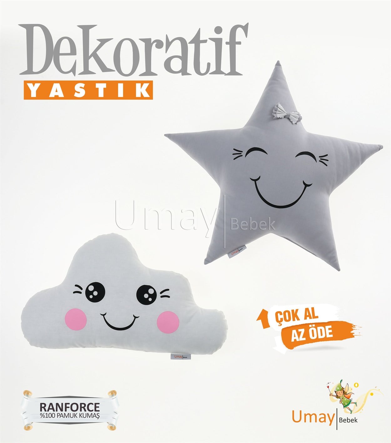 Umay Bebek2'li Dekoratif Bebek Yastığı %100 Pamuklu Kumaş - Gözü Açık Yıldız - Fiyonklu