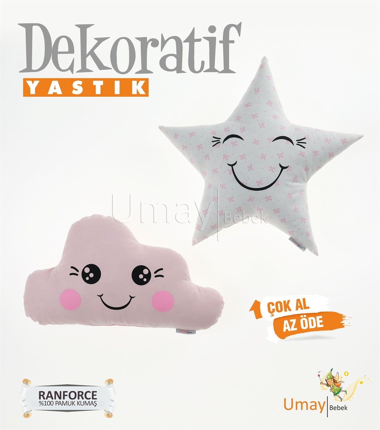 Umay Bebek2'li Dekoratif Bebek Yastığı %100 Pamuklu Kumaş - Gözü Açık Yıldız - Bebepembe