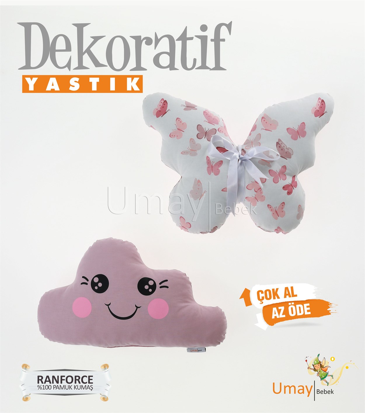 Umay Bebek2'li Dekoratif Bebek Yastığı %100 Pamuklu Kumaş - Gözü Açık Kelebek - Pudra
